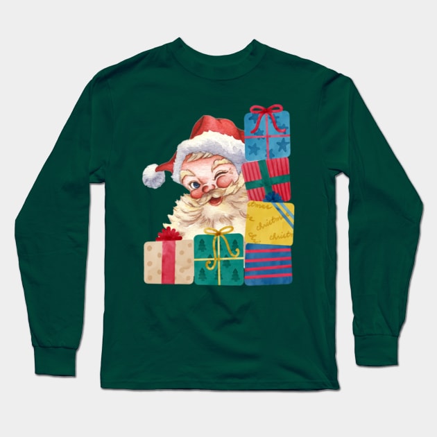 Funny Santa Claus Peaking And Winking With Gifts Long Sleeve T-Shirt by aspinBreedCo2